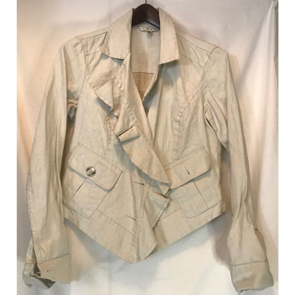 CABI Ruffle Up Cream Waxed Linen Jacket Coat Blazer Moto Modern size S